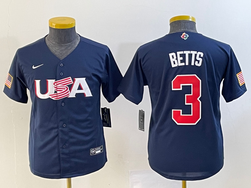 Youth USA Baseball #3 Mookie Betts 2023 Navy World Baseball Classic Stitched Jersey